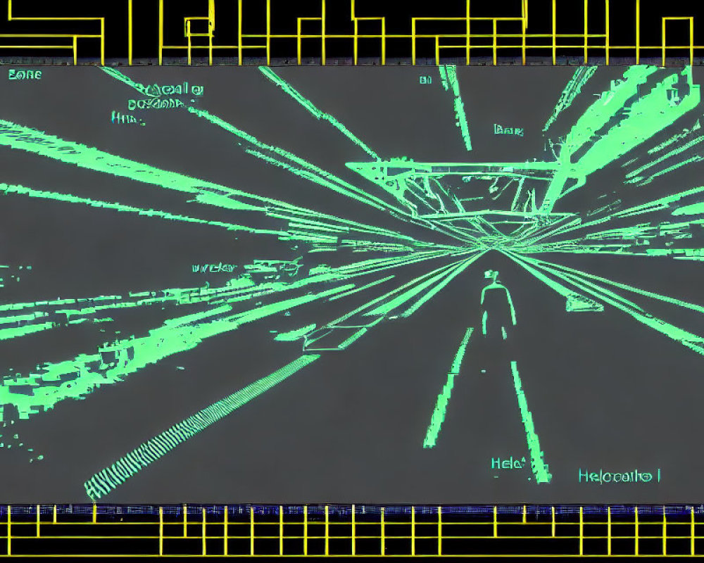 Wireframe Room with Solitary Figure in Center and Converging Perspective Lines