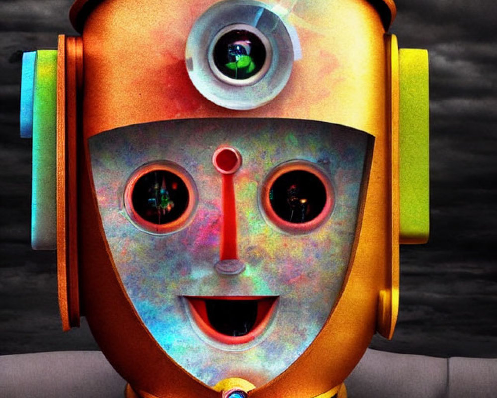 Colorful Robot Face with Central Eye on Cloudy Sky Background