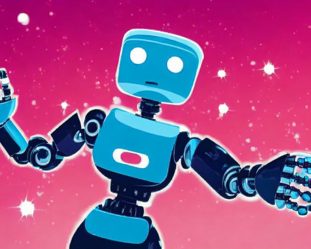 Stylized blue robot with square head and glowing eyes on pink starry background