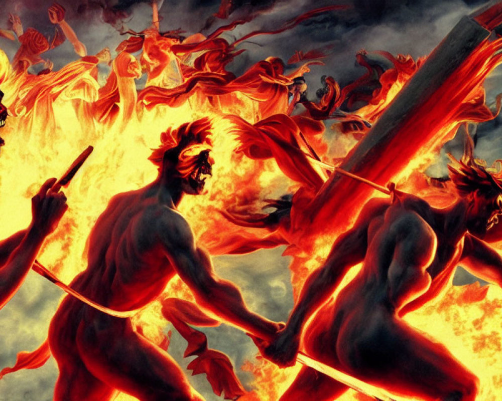 Fiery demonic battle in hellish environment with red and orange tones