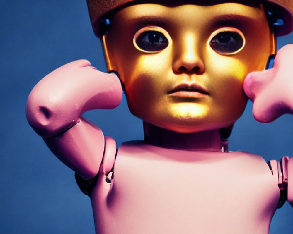 Pink humanoid robot with golden crown and expressive eyes on blue background