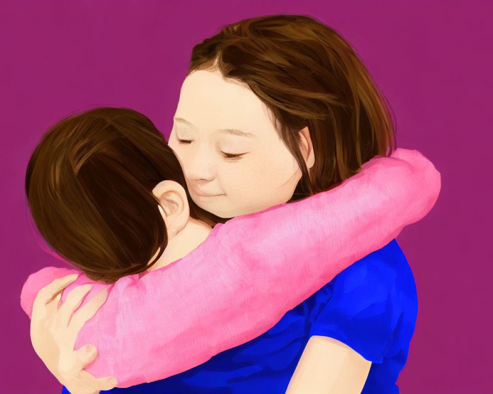 Two individuals in comforting hug on purple background