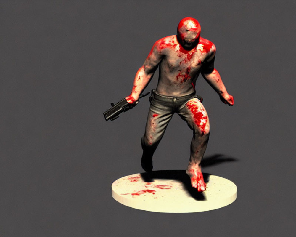 Bloodied 3D figure with gun on grey background