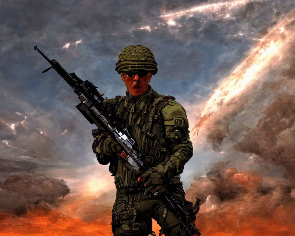 Soldier in combat gear holding rifle under dramatic sky