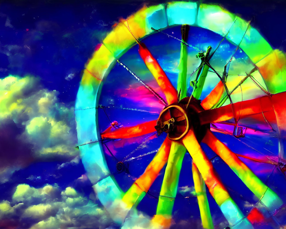 Colorful Psychedelic Carnival Ride Spinning in Blue Sky