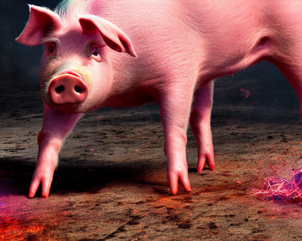 Pink pig with shiny coat under purple light and shackle on leg