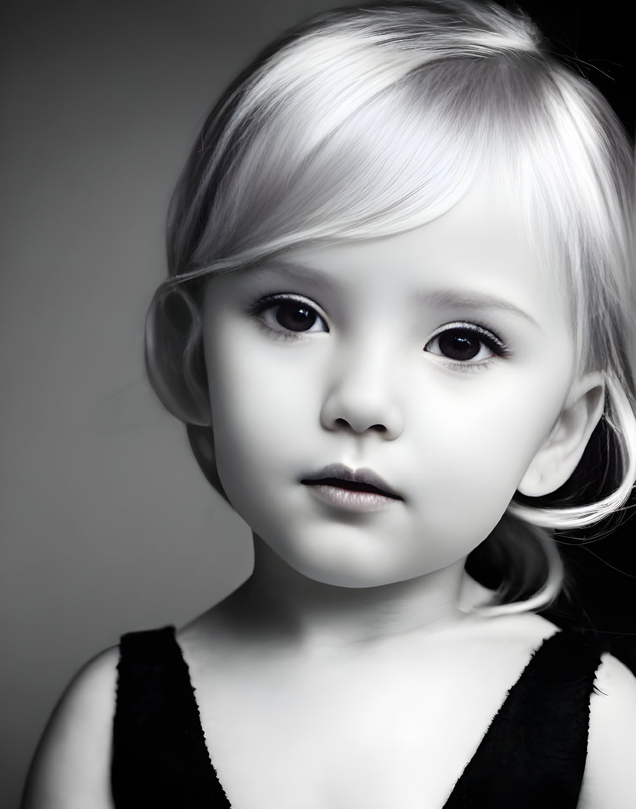 Monochrome portrait of a young child with striking eyes and blonde hair