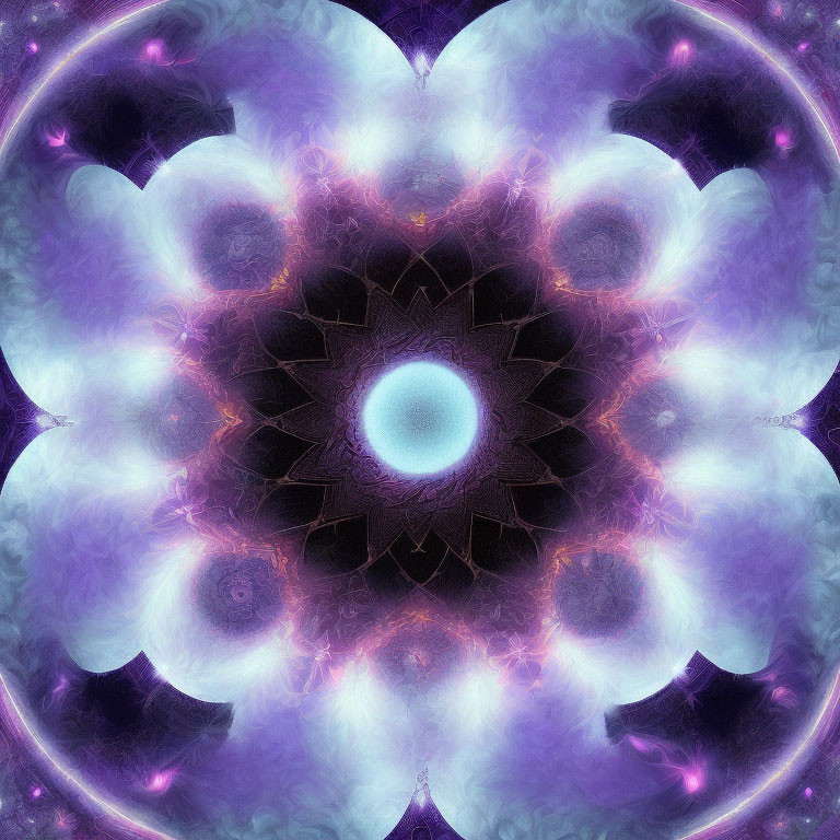 Symmetrical fractal pattern in purple, pink, white with luminous blue center