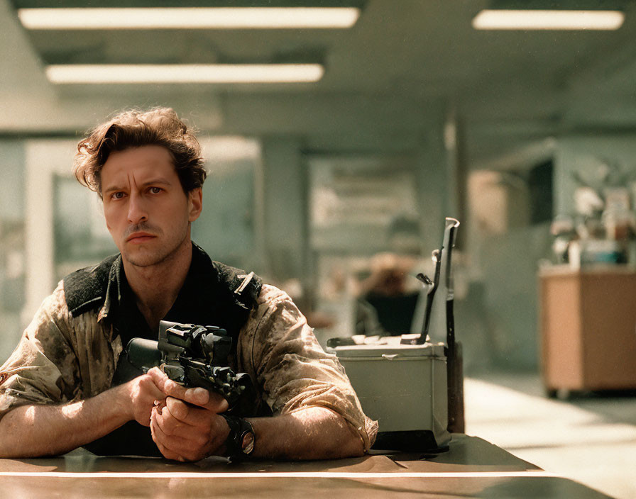 Man with wavy hair holding a pistol in dimly lit room with walkie-talkie