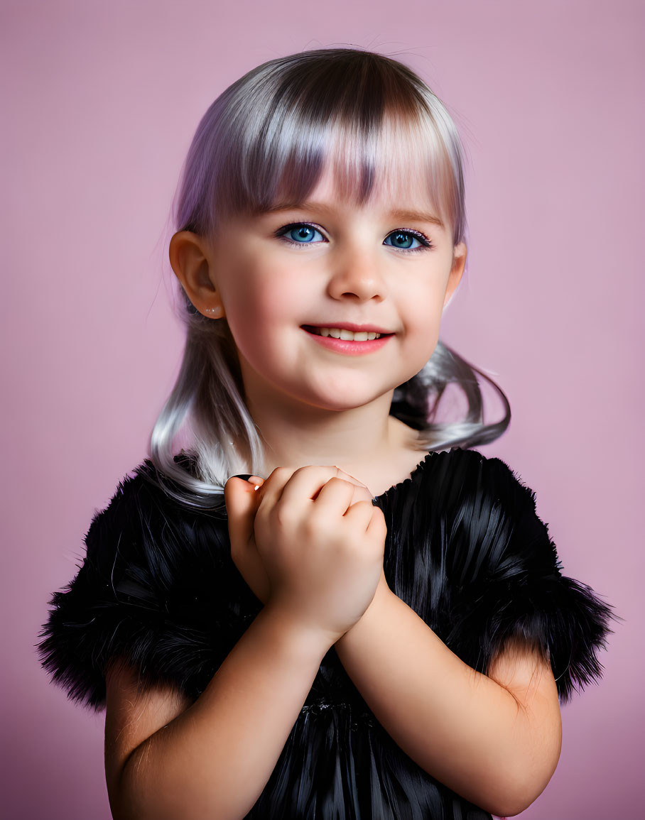 Young girl with bright blue eyes and blond hair in black feathered dress on pink background