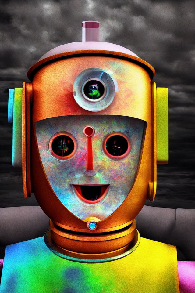 Colorful Robot Face with Central Eye on Cloudy Sky Background