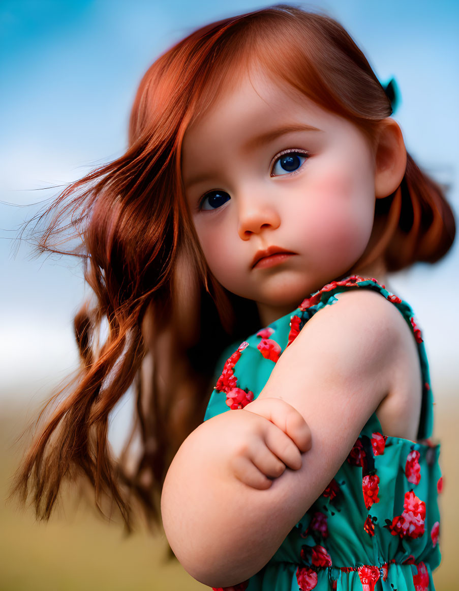 Child with red hair and blue eyes in floral dress and hair clip gazes into distance