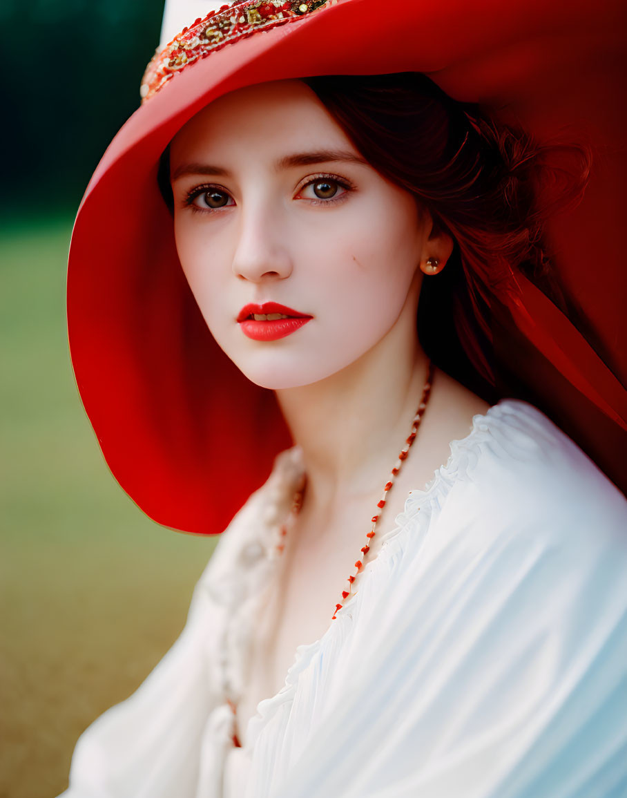 Fair-skinned woman in red hat and white blouse with intense gaze