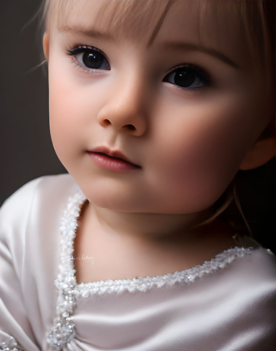 Young Child with Big Eyes in White Dress and Light Hair