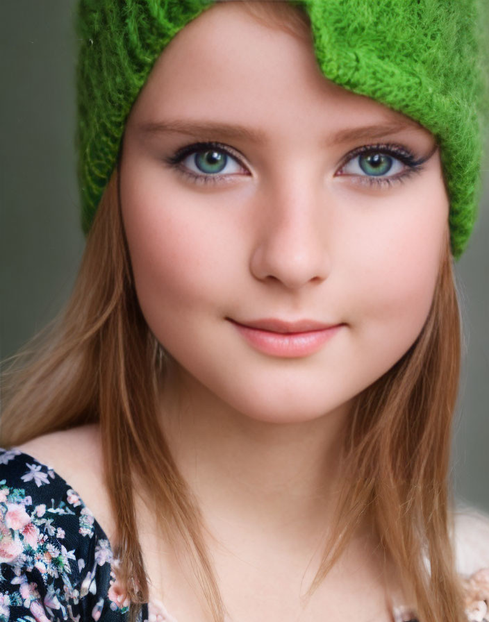 Young girl with blue eyes in green hat and floral top smiling gently.