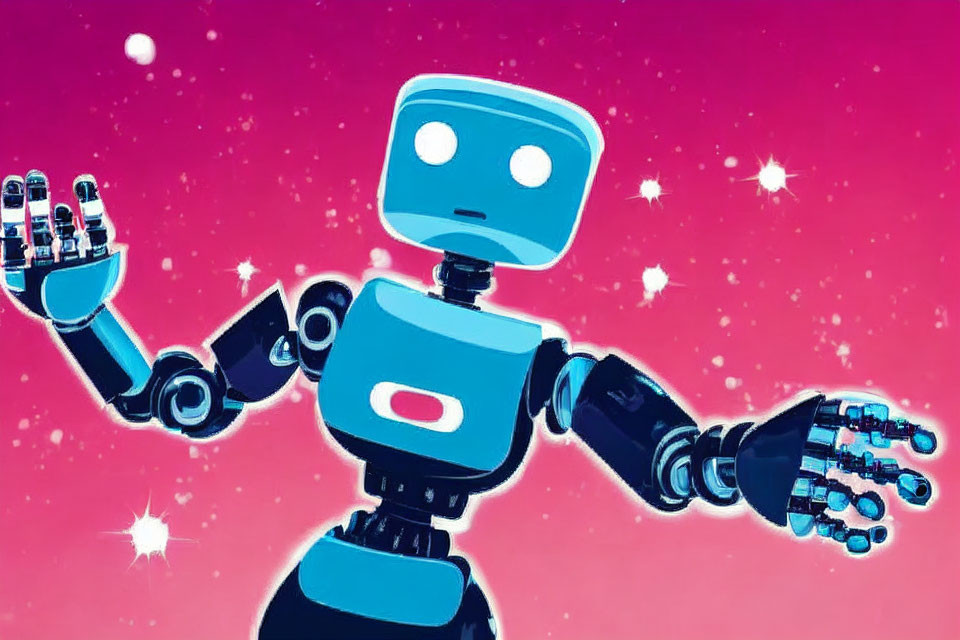 Stylized blue robot with square head and glowing eyes on pink starry background