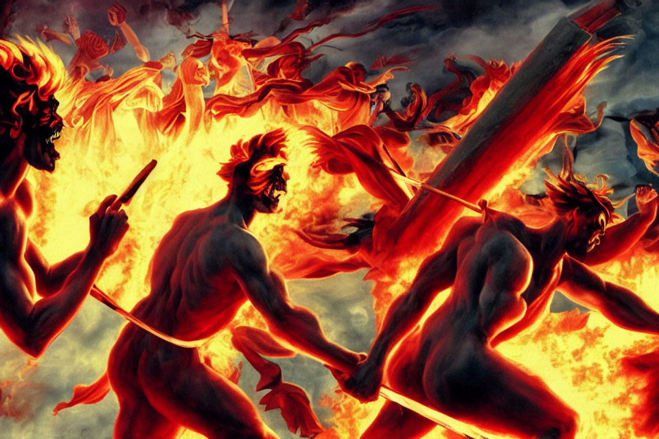 Fiery demonic battle in hellish environment with red and orange tones