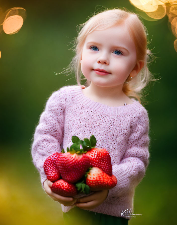 Blonde girl in purple sweater holding ripe strawberries