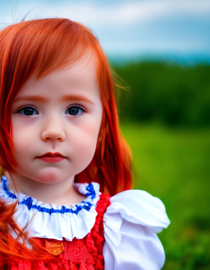 Young child with red hair in red and white dress on green background