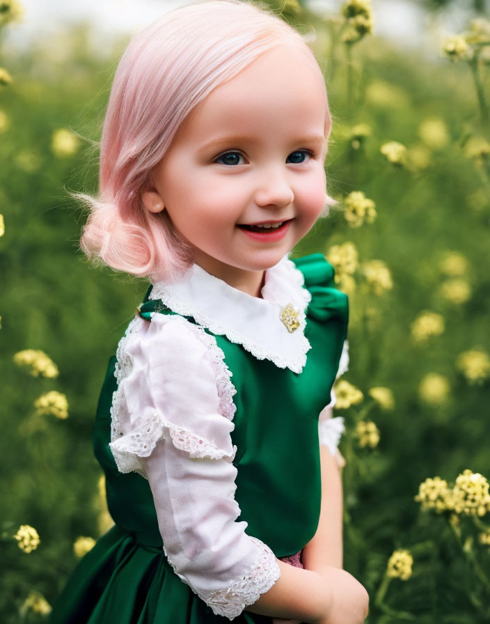 Young girl with pink hair and blue eyes in green dress among yellow flowers