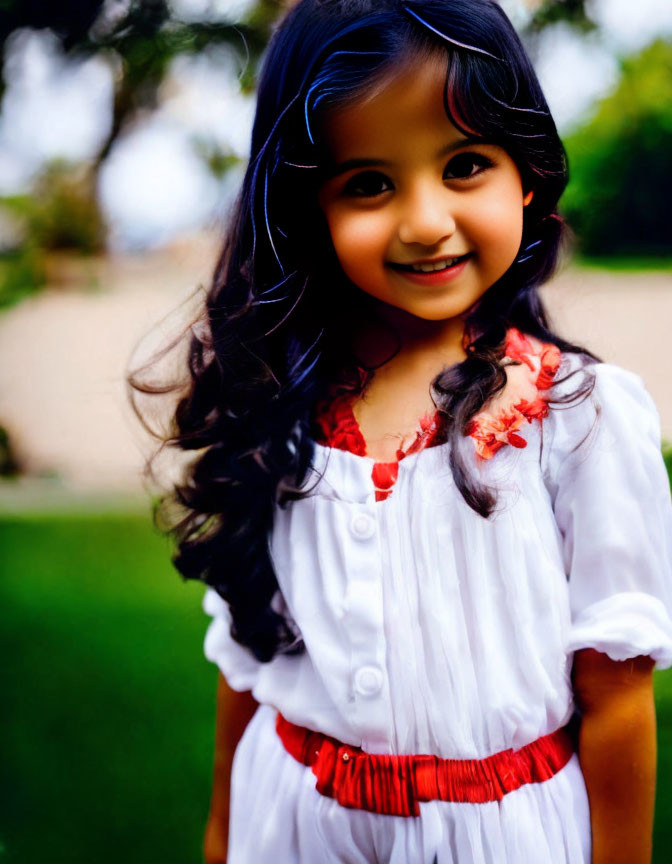 Young girl with long, wavy hair in white dress with red accents smiling outside.