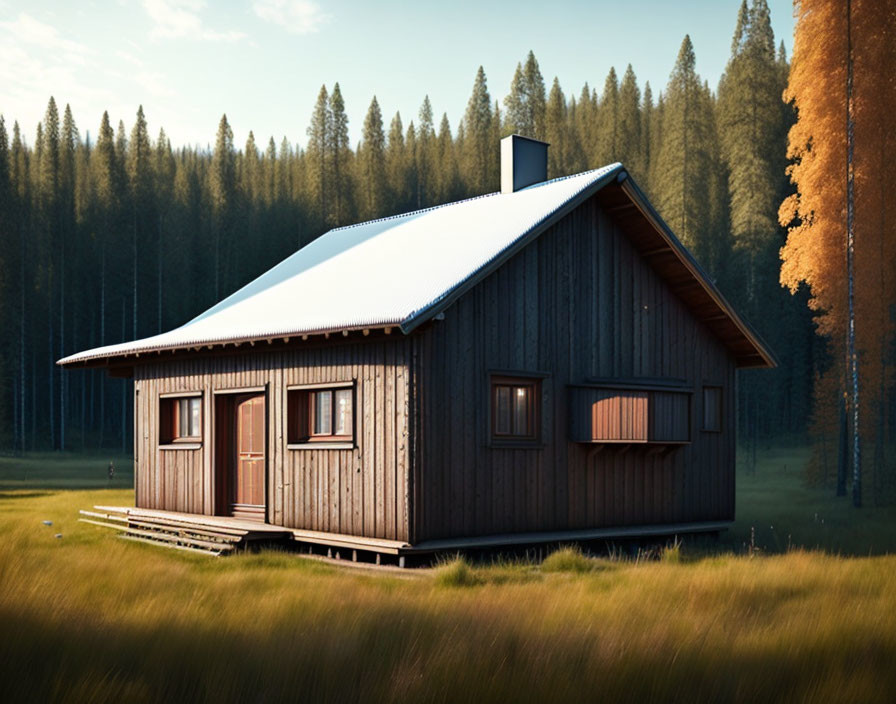 Rustic wooden cabin in sunlit forest clearing