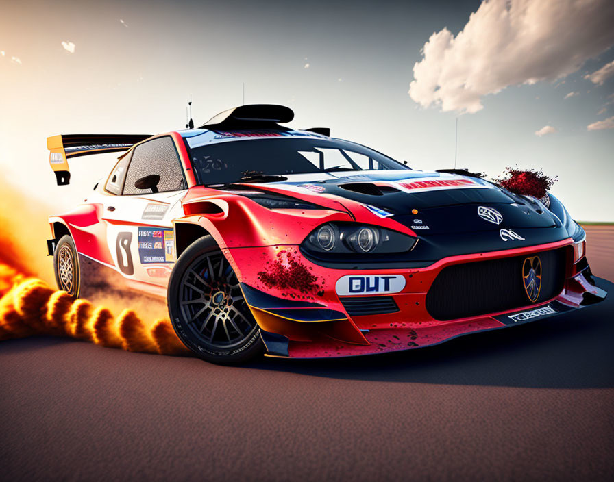 Red and white racing car with flames and smoke on race track at sunset