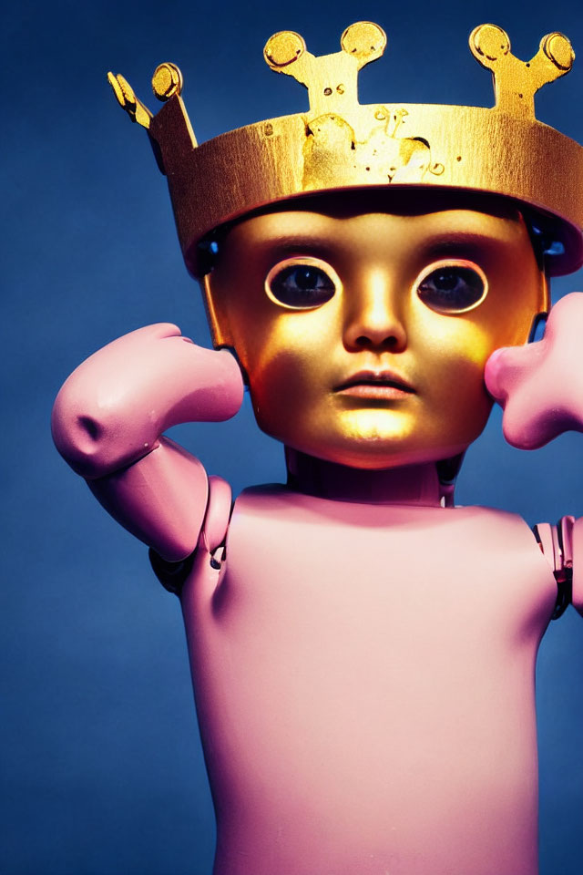 Pink humanoid robot with golden crown and expressive eyes on blue background