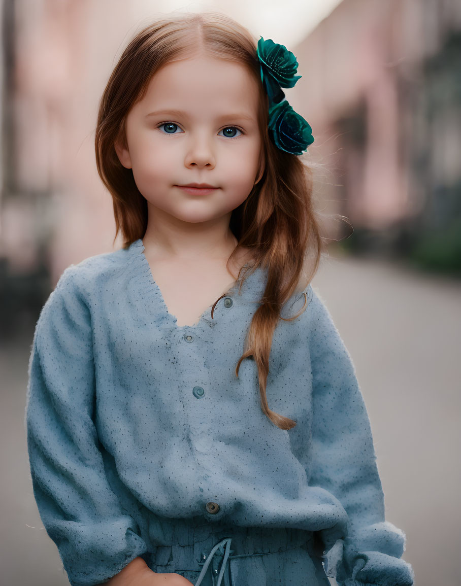 Young girl with long brown hair and blue hair clip in textured blue cardigan gazes calmly.