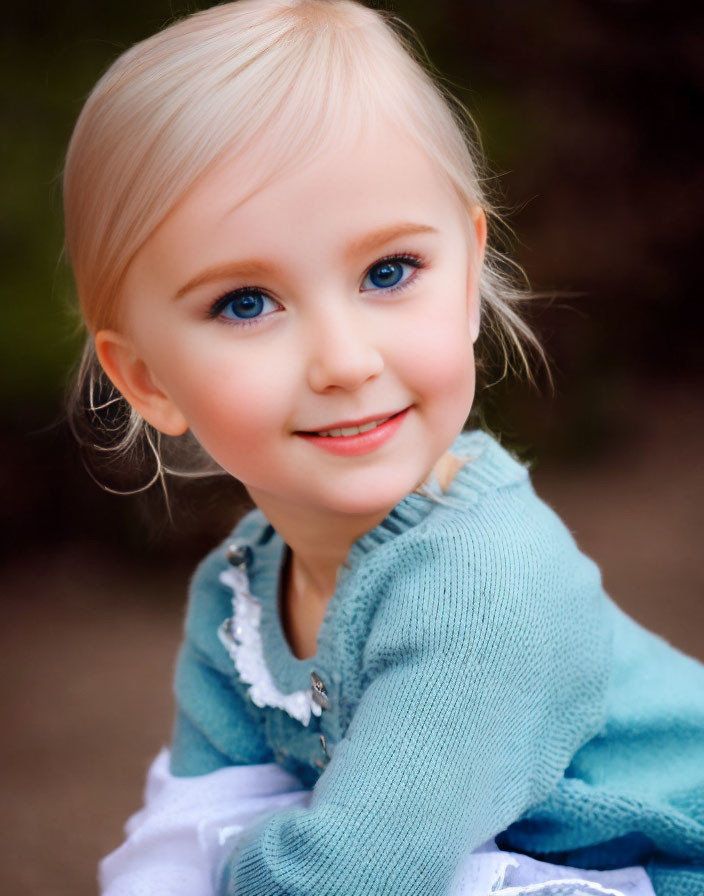 Portrait of young child with blue eyes, fair skin, blonde hair, turquoise sweater, smiling gently