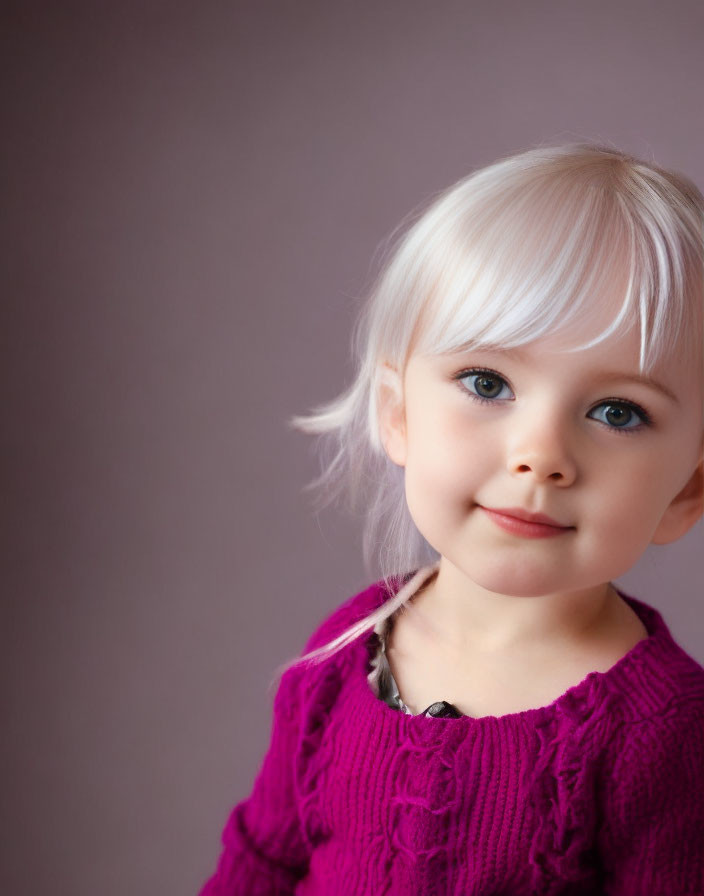 Young girl with blue eyes and blonde hair in magenta sweater on brown background