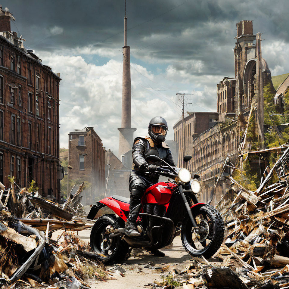 Urban scene: Rider in black helmet on red motorcycle under dramatic sky