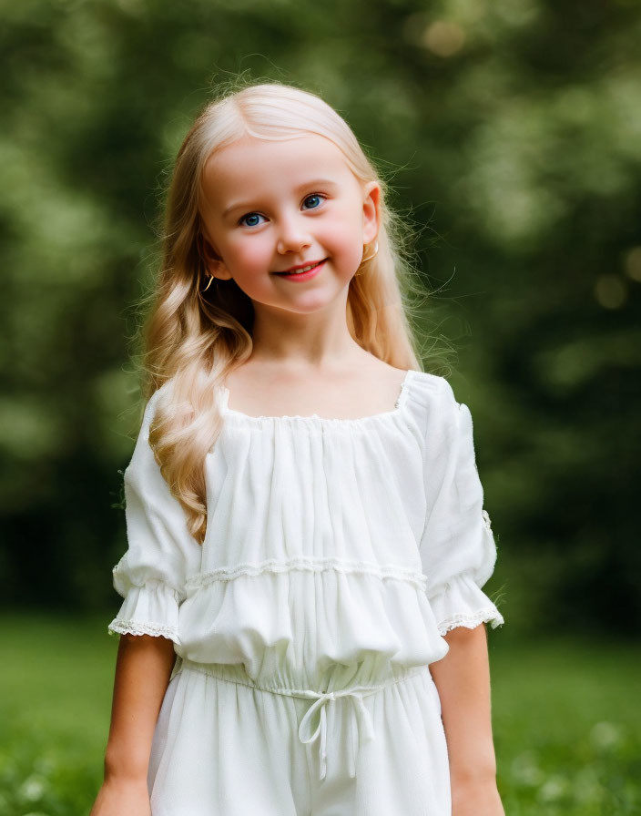 Blonde Girl Smiling in White Dress Outdoors