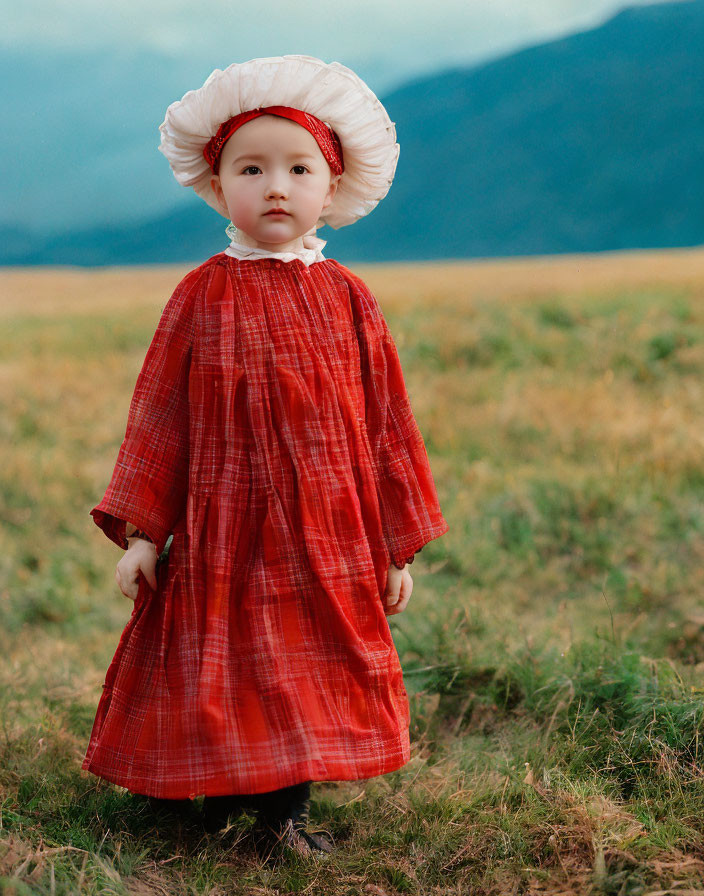 Toddler in Red Plaid Dress and White Bonnet in Field with Mountains