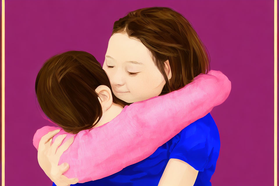 Two individuals in comforting hug on purple background