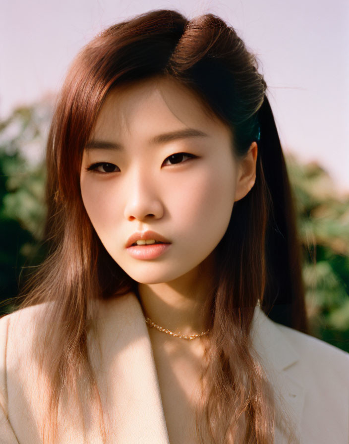 Dark-haired woman in light blazer and necklace poses outdoors.