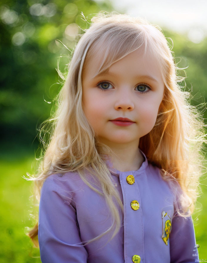 Young girl with blonde hair in purple coat outdoors.