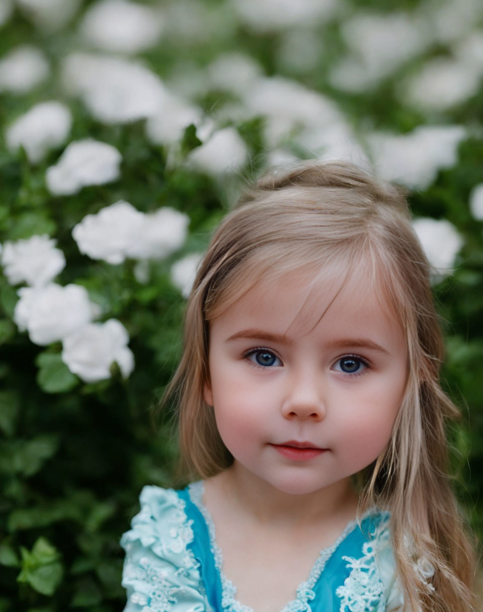 Blonde Girl in Blue Dress by Green Bush