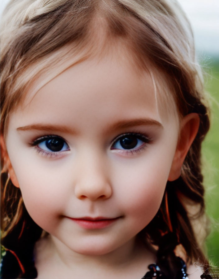 Young girl with blue eyes, fair skin, and braided hair on green backdrop