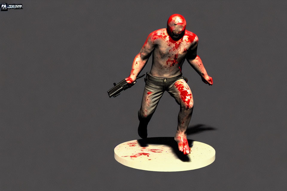 Bloodied 3D figure with gun on grey background