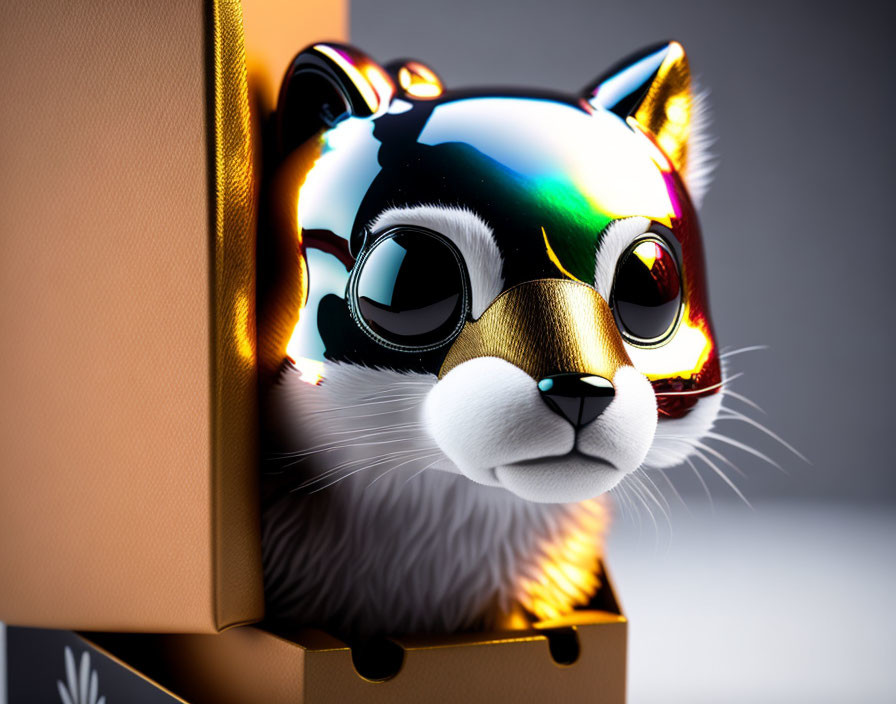 Rainbow-hued metallic cat figurine in glossy finish on gradient background