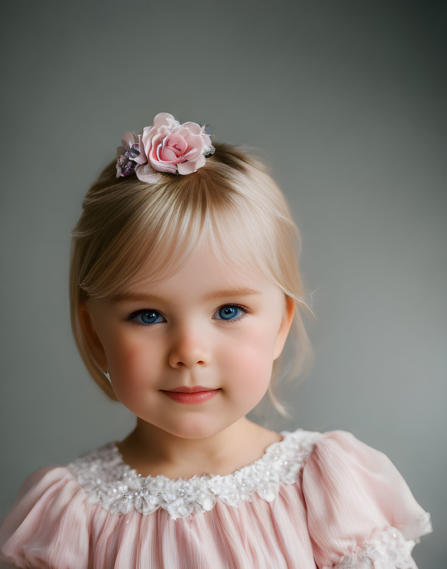 Young girl with blue eyes in pink dress against gray background