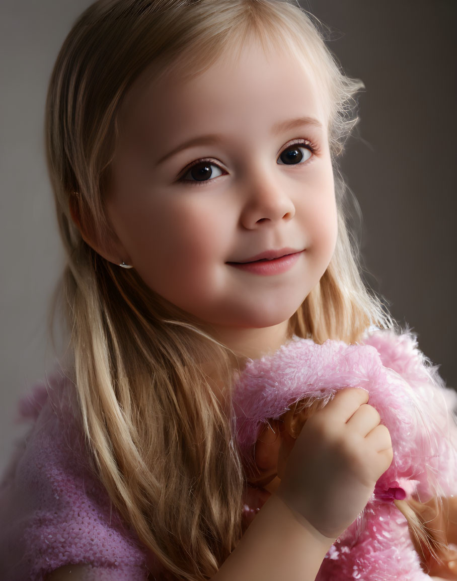 Blonde girl with pink toy and smile in pink top