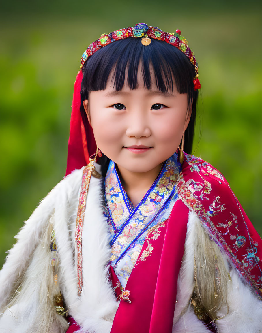 Traditional Mongolian Attire: Young Girl in Colorful Headpiece and Robe