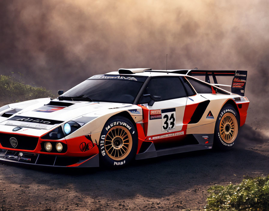 White, red, and black Lancia rally car number 33 speeding on dusty track.