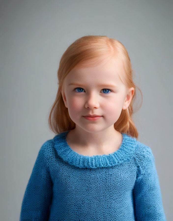 Ginger-Haired Girl in Blue Sweater Smiling on Gray Background