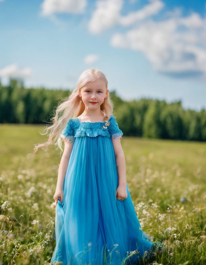 Blonde girl in blue dress in sunny field with trees