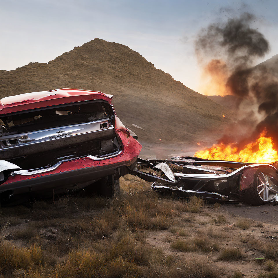 Two wrecked cars: one on its side with damage, the other engulfed in flames on barren