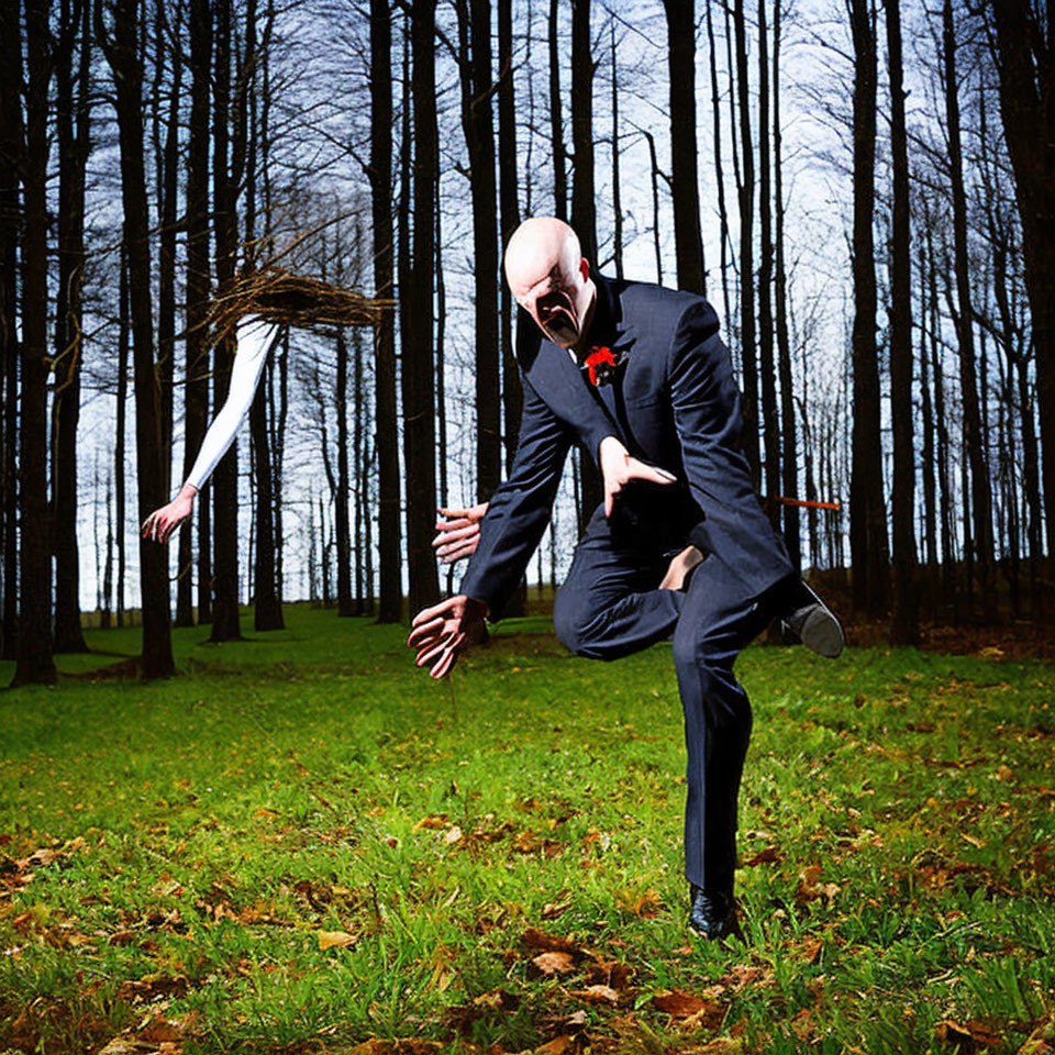 Man in suit posing with one leg up against forest backdrop