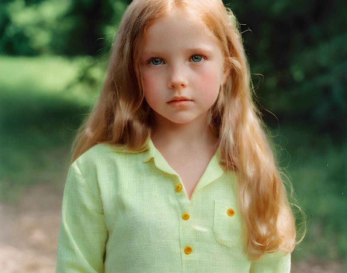 Young girl with long wavy hair and blue eyes in pale yellow shirt outdoors